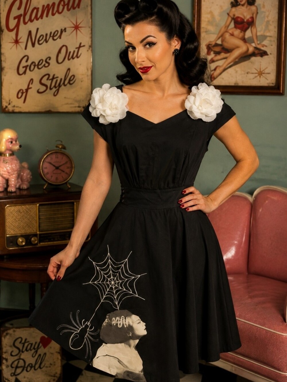 Retro Black Fit-and-Flare Mini Dress with White Floral Shoulders